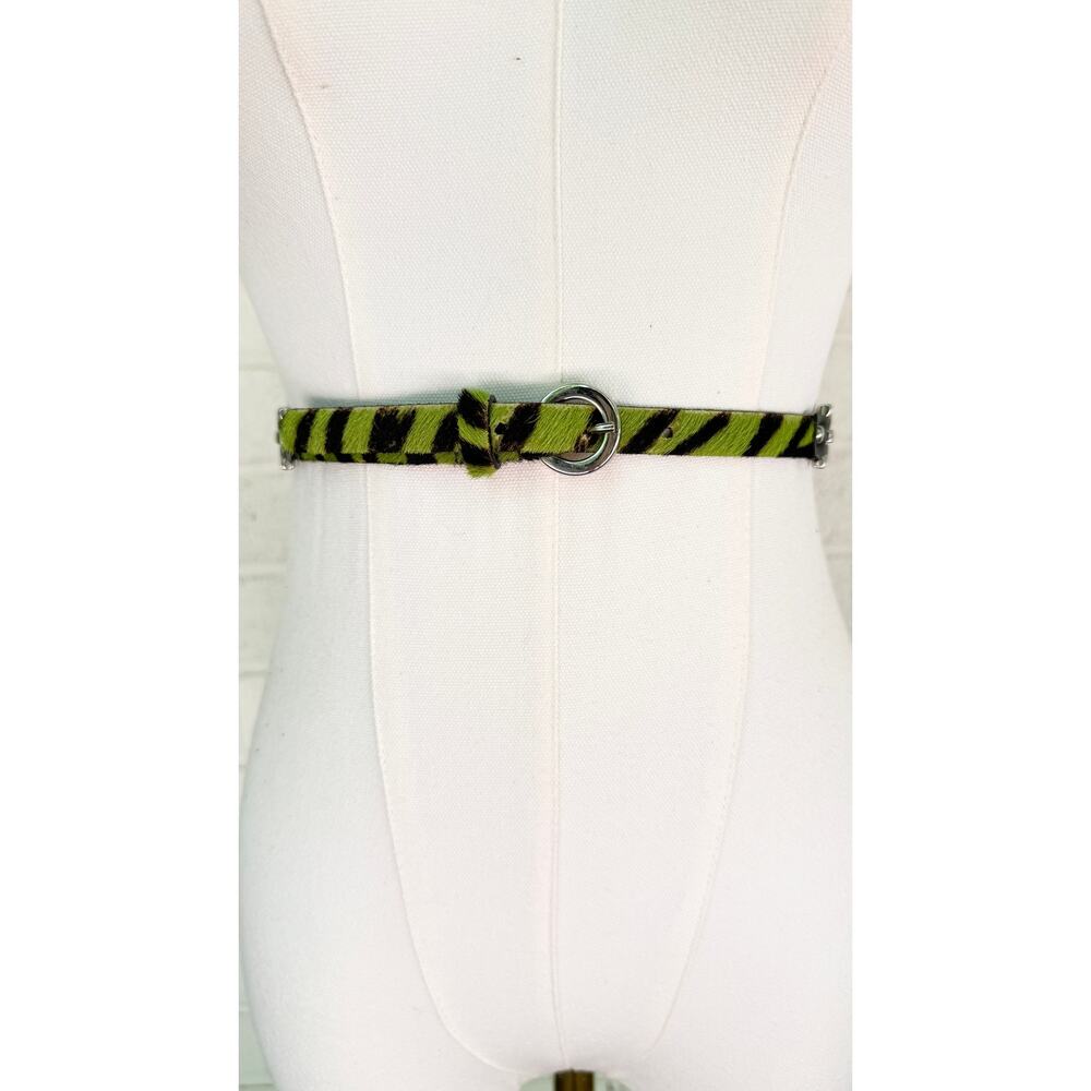 Carlisle Green Zebra Calf Hair Leather Skinny Belt Silver Hardware Large - Picture 2 of 10